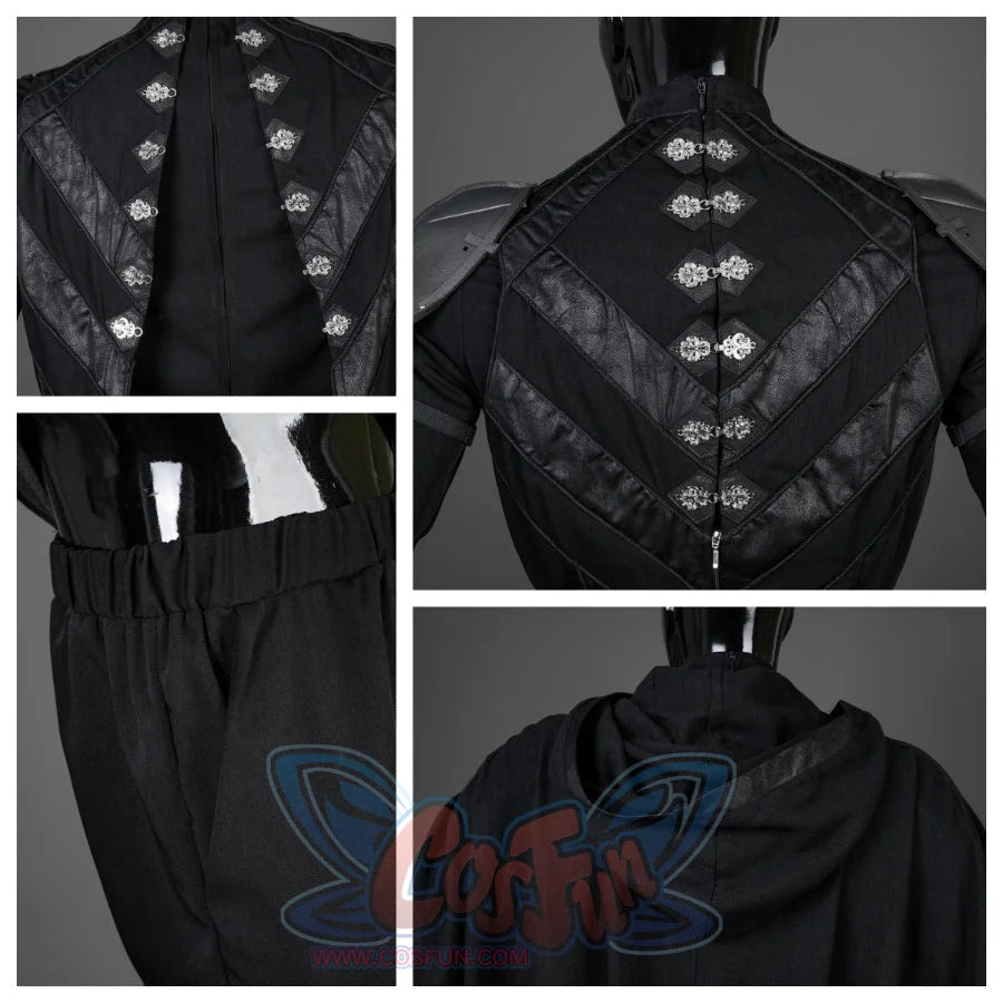Shows close-ups of the back of Baylan Skoll’s cosplay costume, featuring detailed stitching, decorative clasps, and the waistband of the pants.