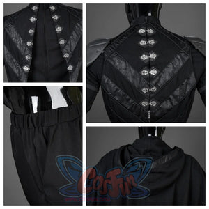 Shows close-ups of the back of Baylan Skoll’s cosplay costume, featuring detailed stitching, decorative clasps, and the waistband of the pants.
