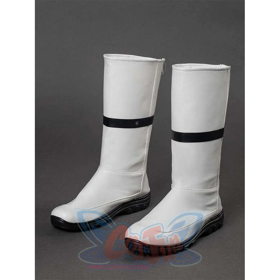 Front view of Ben Grimm cosplay boots, showing white upper with black strap and black soles.