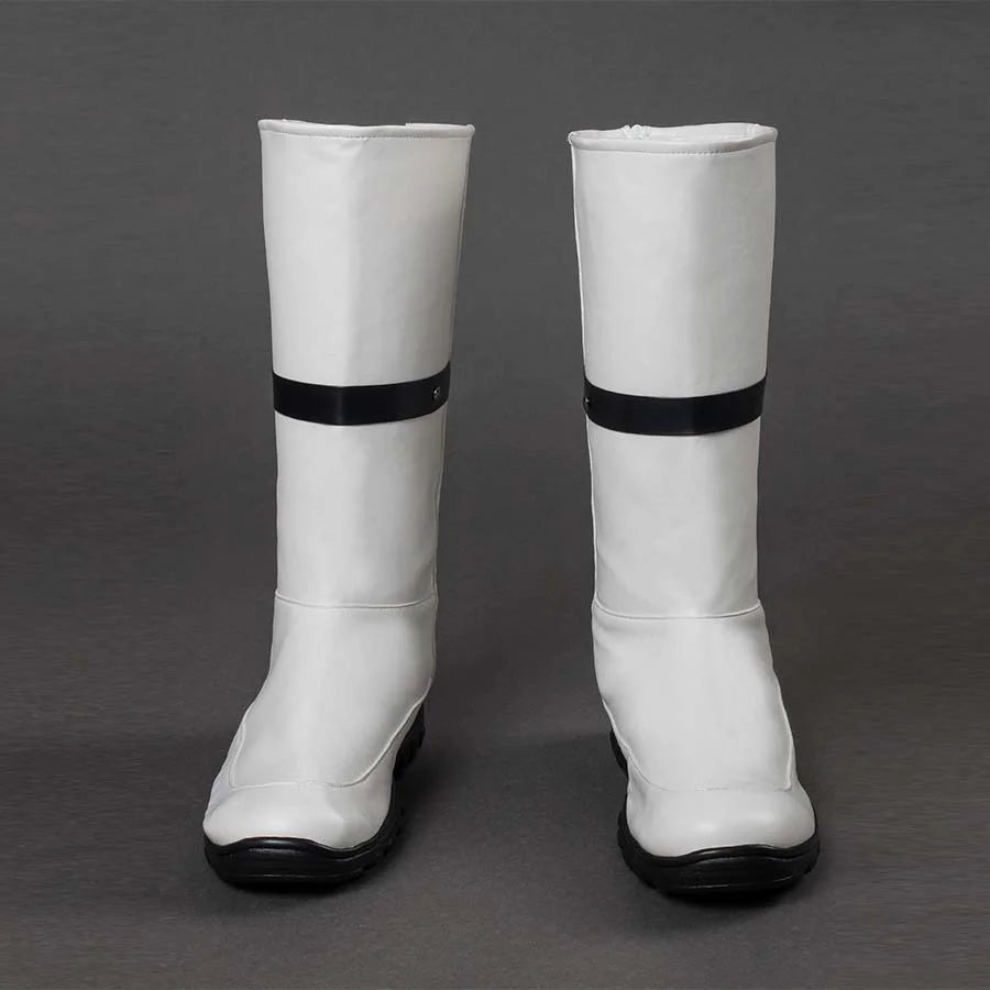 Front view of Ben Grimm cosplay boots, showing white upper with black strap and black soles.