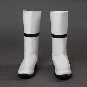 Front view of Ben Grimm cosplay boots, showing white upper with black strap and black soles.