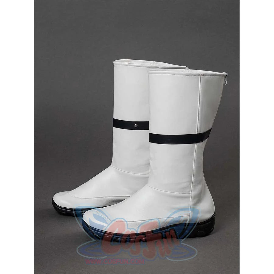 Side view of Ben Grimm cosplay boots, displaying the sleek white appearance and black strap.