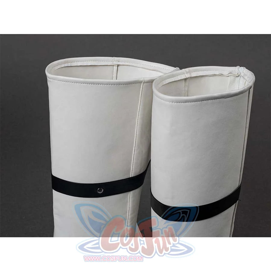 Close - up of the top part of Ben Grimm cosplay boots, focusing on the white material and stitching.