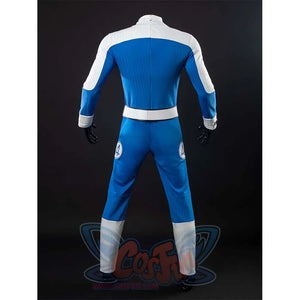 Back view of the Ben Grimm costume, emphasizing the “4” emblems on the legs and the contrast of blue and white in the jumpsuit.