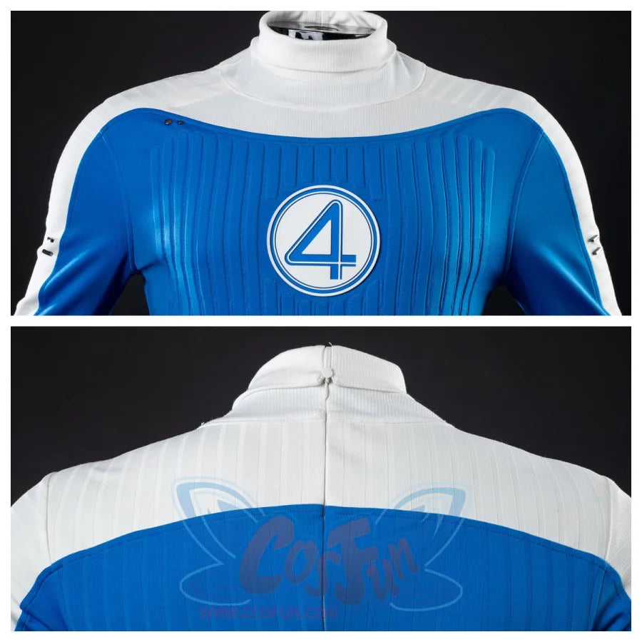 Close - up details of the chest and neckline of the Ben Grimm costume, showcasing the “4” emblem and the texture of the jumpsuit fabric.
