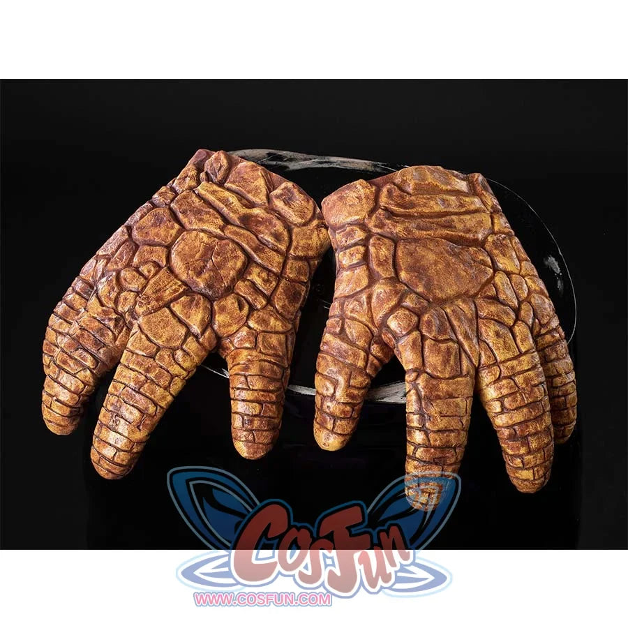 Front display of Ben Grimm cosplay gloves, featuring the realistic rocky pattern.