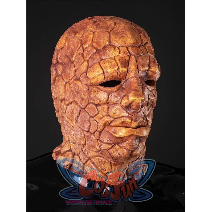 Side view of the Ben Grimm cosplay mask, displaying the rugged, stony structure.