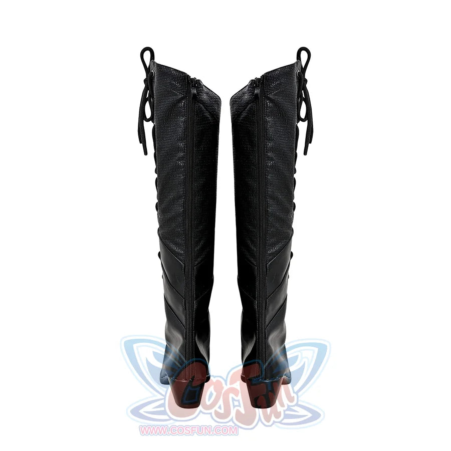 Back view of black Elphaba cosplay boots featuring rear lacing details and authentic witch character design