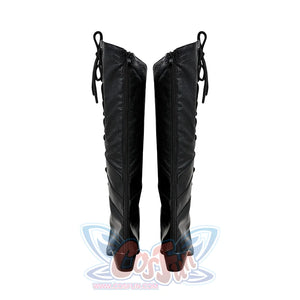 Back view of black Elphaba cosplay boots featuring rear lacing details and authentic witch character design
