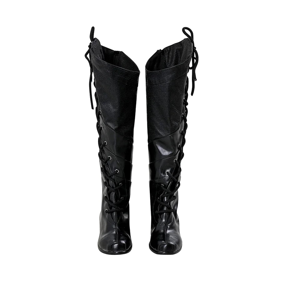 Black knee-high Elphaba cosplay boots with front lace-up design and PU leather finish for witch costume