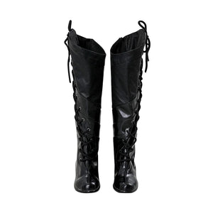 Black knee-high Elphaba cosplay boots with front lace-up design and PU leather finish for witch costume