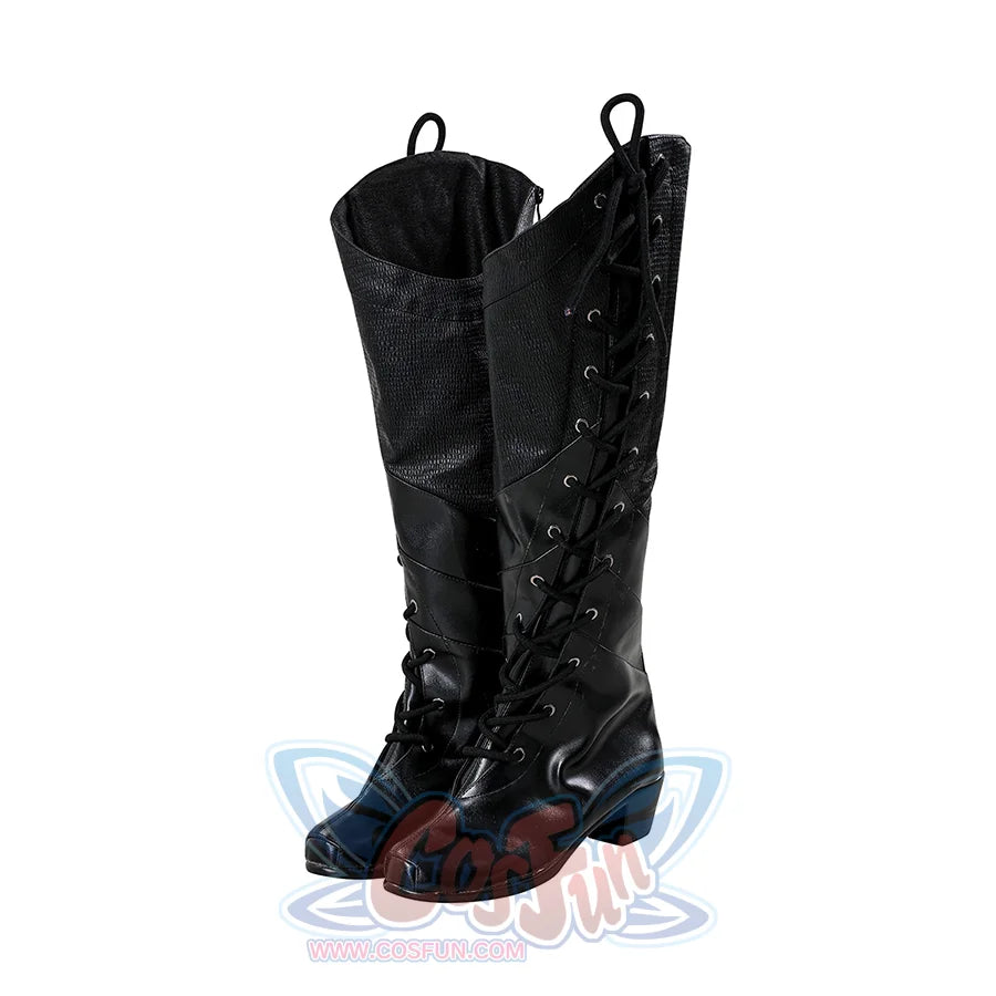 eft side view of Elphaba cosplay boots displaying full-length lacing design for costume authenticity
