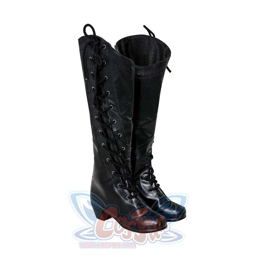 Right side view of Elphaba cosplay boots showing detailed side lacing and low heel witch footwea