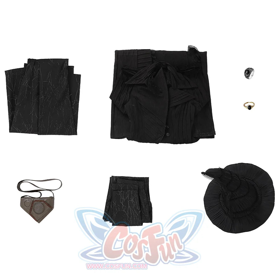 Complete Elphaba cosplay costume components laid out showing dress, cape, hat, and accessories