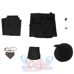 Complete Elphaba cosplay costume components laid out showing dress, cape, hat, and accessories