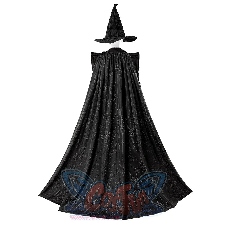 Black Elphaba cosplay costume with witch hat, long dress, cape, and shoulder bag - full front view