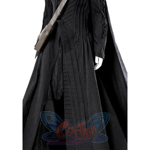 Detail shot of Elphaba cosplay costume shoulder strap and bag attachment mechanism