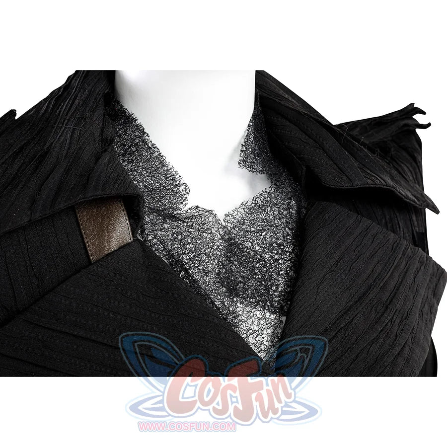 Detailed view of Elphaba cosplay costume collar with textured fabric and decorative elements