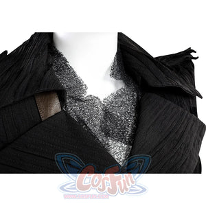 Detailed view of Elphaba cosplay costume collar with textured fabric and decorative elements