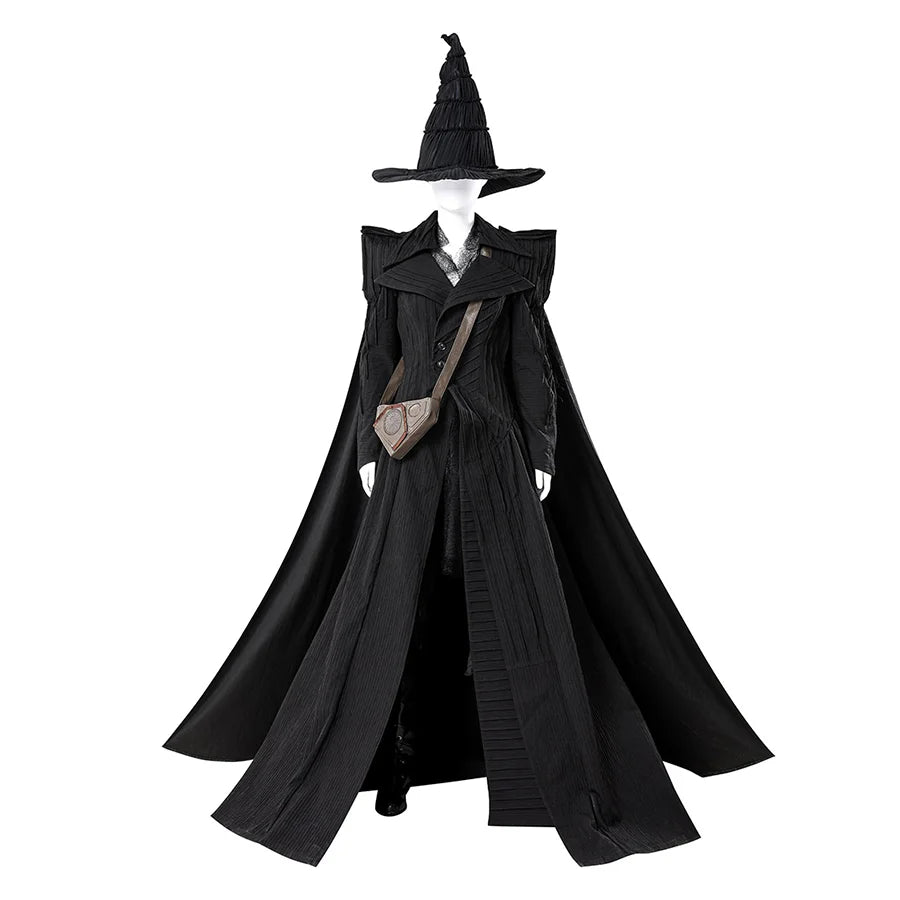 Black Elphaba cosplay costume with witch hat, long dress, cape, and shoulder bag - full front view