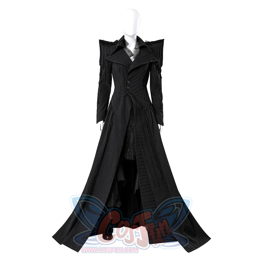 Close-up of Elphaba cosplay costume button and fastening details on trench coat