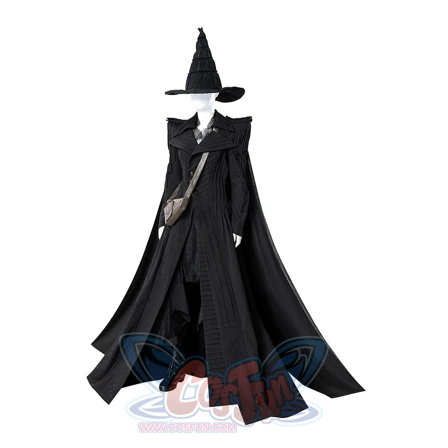 Left side view of Elphaba cosplay costume with flowing cape, witch hat, and shoulder bag detail