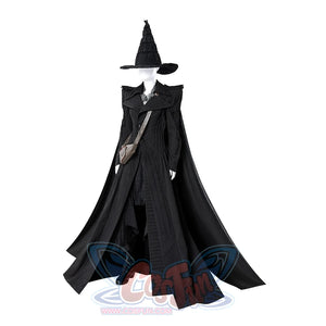Left side view of Elphaba cosplay costume with flowing cape, witch hat, and shoulder bag detail