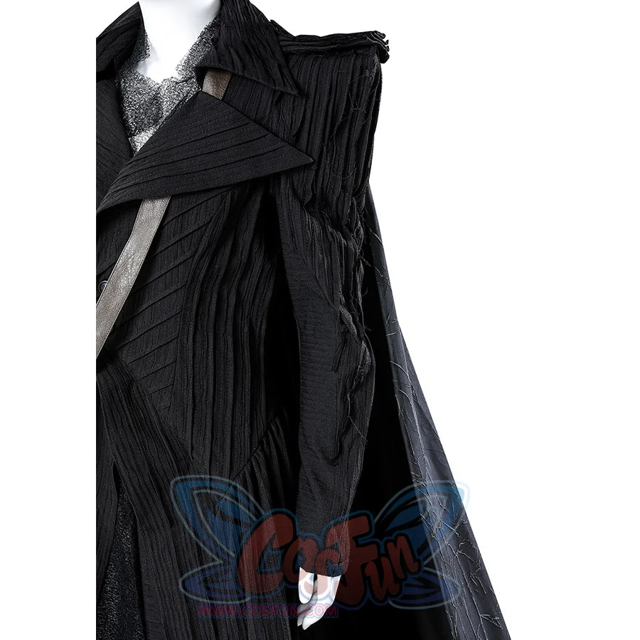 Close-up of Elphaba cosplay costume pleated dress fabric and embroidered pattern details
