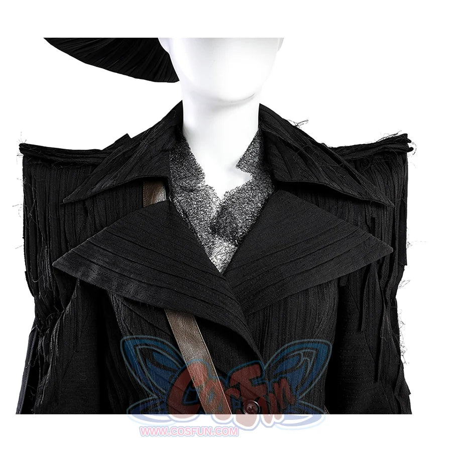 Close-up detail of Elphaba cosplay costume trench coat featuring textured collar and strap