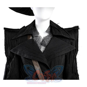 Close-up detail of Elphaba cosplay costume trench coat featuring textured collar and strap