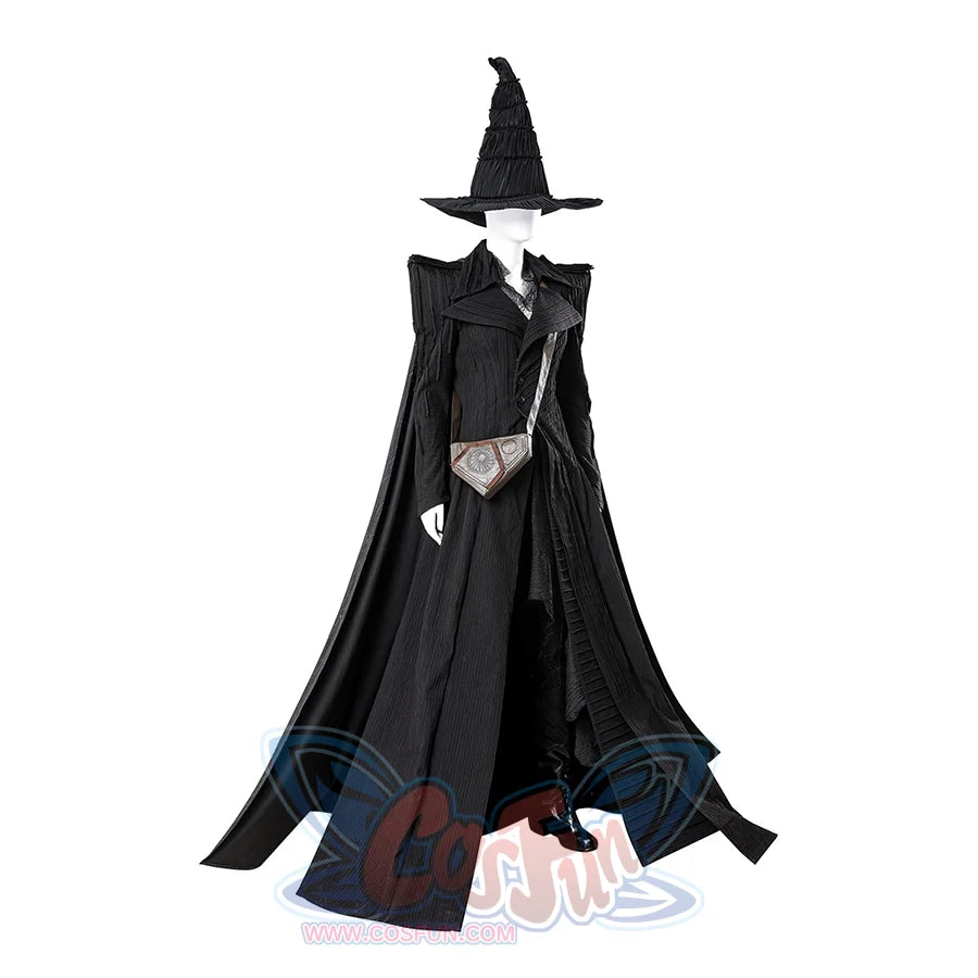 Right side view of Elphaba cosplay costume with cape, witch hat, and shoulder bag accessory