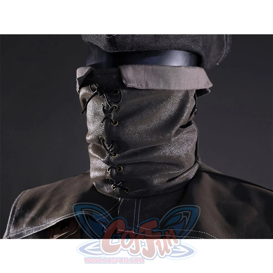 Yharnam Cosplay Costume detail showing gray neck scarf with lace-up design