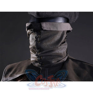 Yharnam Cosplay Costume detail showing gray neck scarf with lace-up design