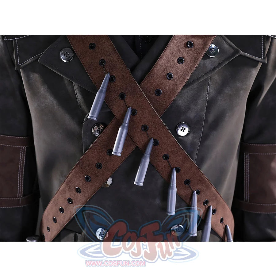 Yharnam Cosplay Costume chest detail with crossed leather ammunition straps and bullets