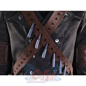 Yharnam Cosplay Costume chest detail with crossed leather ammunition straps and bullets