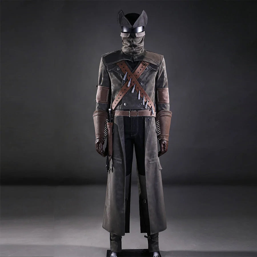 Complete Bloodborne Yharnam Cosplay Costume with wolf mask, brown leather coat, and ammunition straps