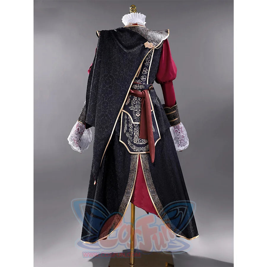 Front view: Bloodborne Cainhurst Knight cosplay costume full set with burgundy coat, cape, and ornate golden details