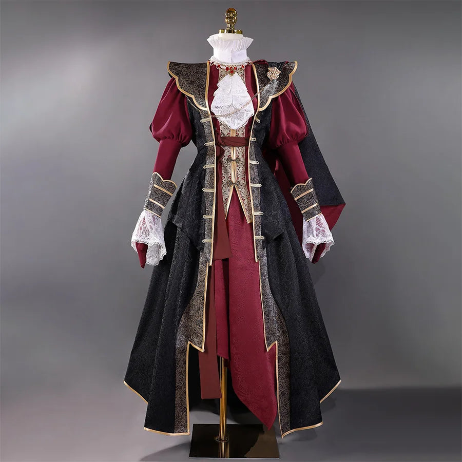 Front view: Bloodborne Cainhurst Knight cosplay costume full set with burgundy coat, cape, and ornate golden details