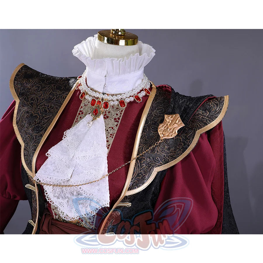 Cainhurst Knight cosplay costume upper body detail with ruffled collar and jeweled necklace ornament