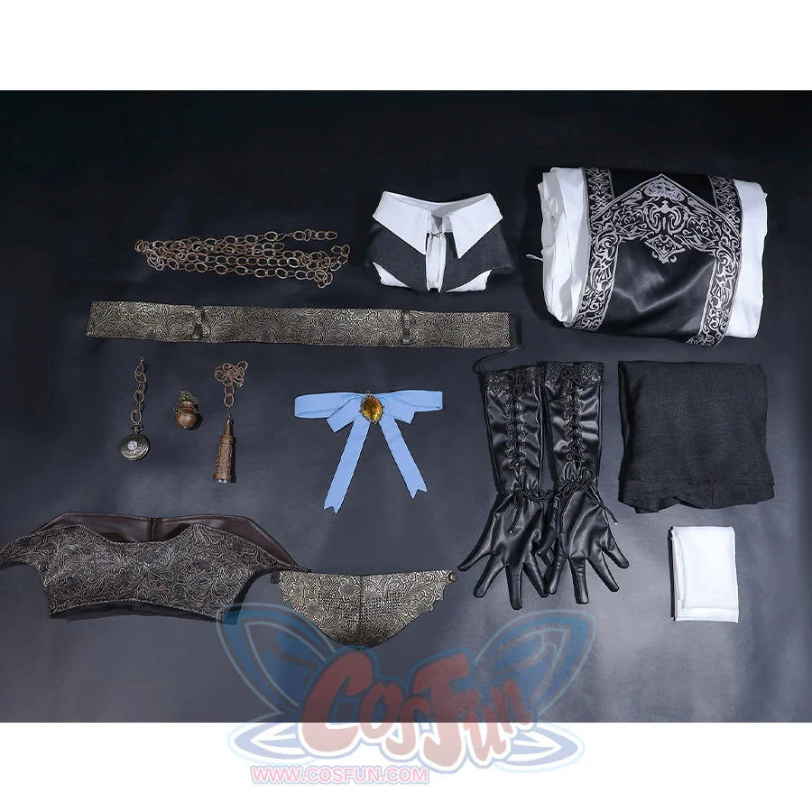 Bloodborne Choir Cosplay Costume All Set, includes waist chain, shawl, coat, belt, pocket watch, necklace, pendant, neckpiece, gloves, underskirt, hat, hat brim, scarf.