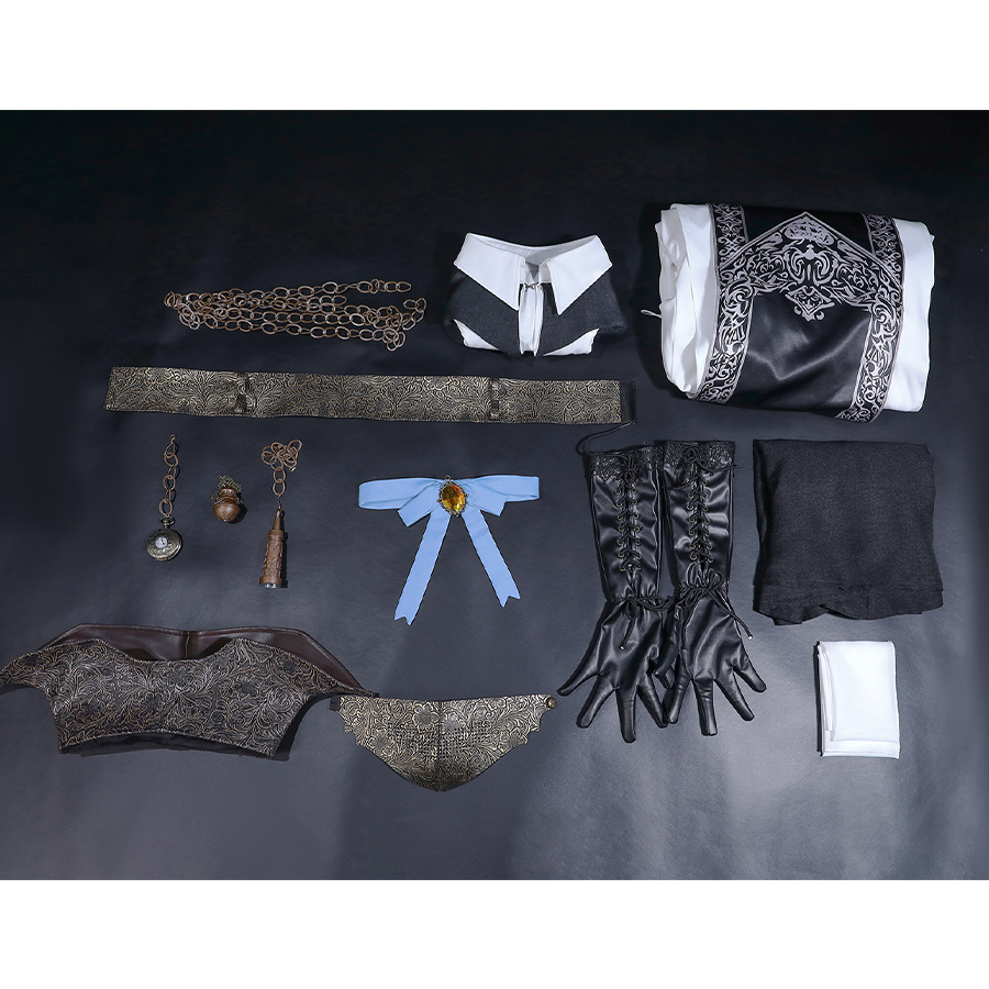 Bloodborne Choir Cosplay Costume All Set, includes waist chain, shawl, coat, belt, pocket watch, necklace, pendant, neckpiece, gloves, underskirt, hat, hat brim, scarf.