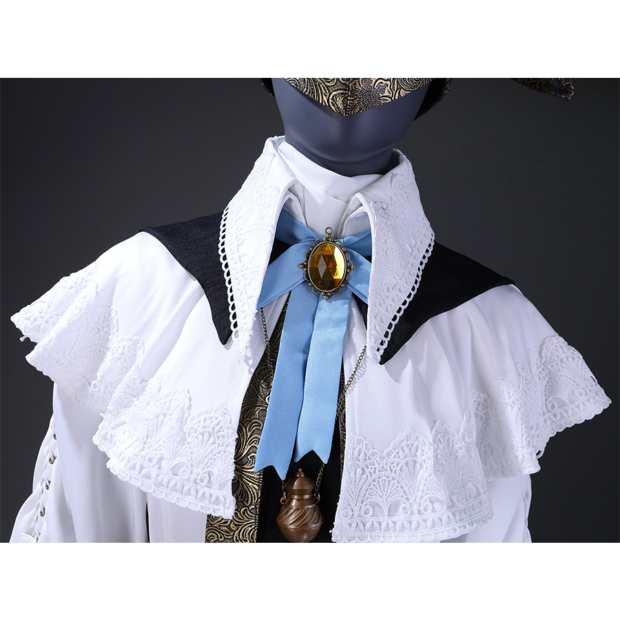 The neckline is decorated with delicate white lace and a blue ribbon with gemstones in the middle.