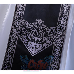 Detail view of back, a black piece is shown, decorated with delicate patterns.