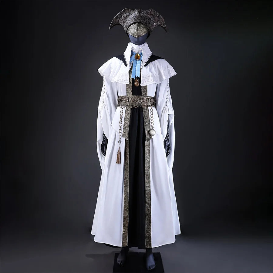 Bloodborne Choir Cosplay Costume Front View, the white robe and black long skirt add a sense of elegance. 