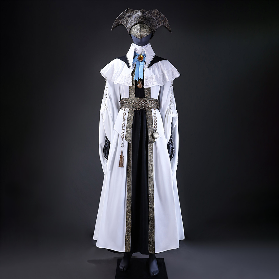 Bloodborne Choir Cosplay Costume Front View, the white robe and black long skirt add a sense of elegance. 