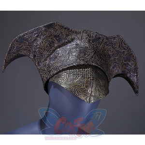 The hat has a unique shape and pattern, there are also decorations that partially cover the face, further enhancing the mysterious atmosphere.