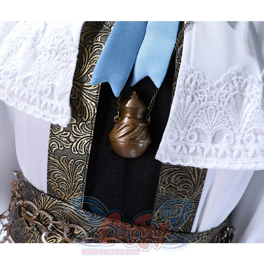 The necklace is bronze and shaped like a bottle.