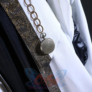 There is a belt with a metal chain and decorations at the waist and bells, pocket watch is hung on the chain.