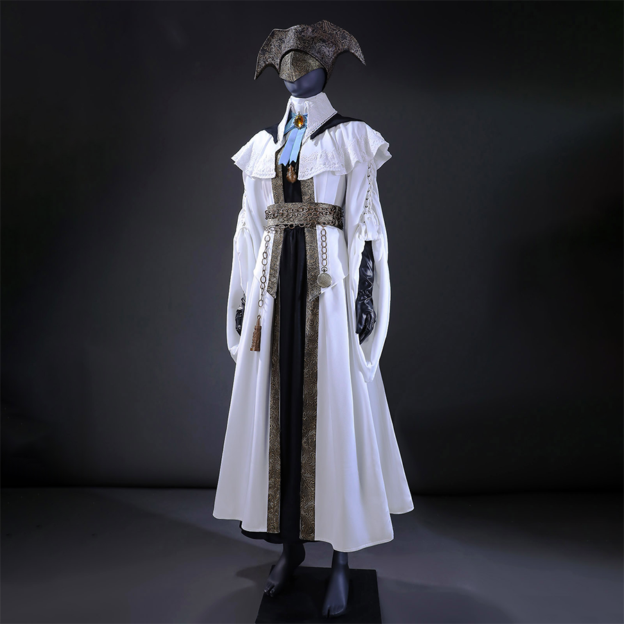 The side view of Choir Cosplay Costume shows the unique sleeve design and black PU leather gloves.