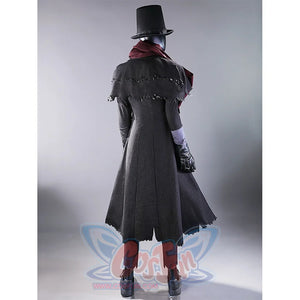 Gehrman cosplay costume back detail showing top hat, black coat, scarf and pants